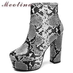 Women Boots Winter Ankle Snake Print Platform Block Heel Short Zip Super High Shoes Female Autumn 34-43 210517