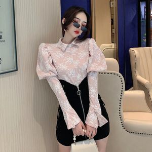 Llzacoosh Women's 2 Piece Set Spring Elegant Puff Sleeve Jacquard Office Shirt Top + Sexig Hög midja Slim Mini Skirts Suit 210514