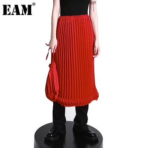 [Eam] Alta cintura elástica vermelha temperamento plissado plissado longo saia meia corpo mulheres moda primavera outono 1dd7682 21512