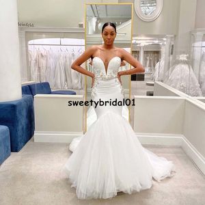 Mermaid Wedding Dress 2021 Sweetheart Lace Appliques African Bridal Dresses Robes Sweep Train Informal Reception Party Gowns