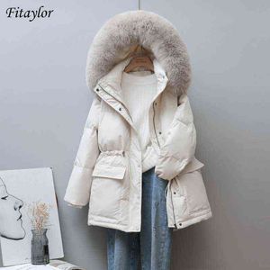 Fitaylor Winter 90% белый утка вниз пальто большой реальный мех с капюшоном вниз куртка, талия выдвижной свободные толстые теплые снежные воды 21130