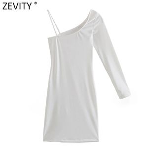 Kobiety Sexy Single Ramię Asymetryczna Koszula Sukienka Kobieta Chic Side Zipper White Casual Slim Mini Vestidos DS8276 210416