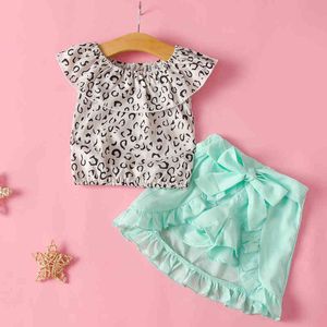 Moda per bambini Ragazze Colletto con foglie di loto Camicetta con stampa leopardata + Gonna corta 2 pezzi di abbigliamento estivo Set per bambina 210515