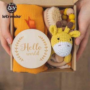 Towel Let's Make Baby Bath Toy Set Double Sided Cotton Blanket Wooden Rattle Bracelet Crochet Toys Gift Products For Kids 210728
