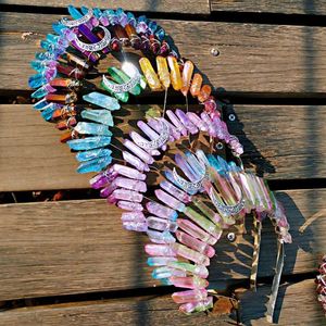 Romantic Colorful Jewelry Tiara Crown Rainbow Raw Quartz Crystal Headband Ethnic Antique Crescent Moon Metal Hair Hoop X0722