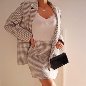 Holiwind elegante chique houndstooth xadrez xadrez oversized terno mulheres dupla bolsos breasted longa textura blazers com botões 211108