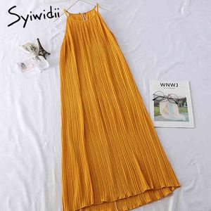 Syiwidii High Waist Tank Dresses Women Neck-mounted Sleeveless Backless A-line Solid Yellow Green Clothing Summer Fashion 210417