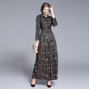 Spring Pleated Runway Designer blackPrinted Dress Women Long Sleeve Slim Fit Vintage Print High Waist Casual Dress Vestidos 210514