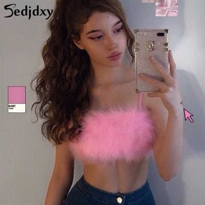 Kadın Kabarık Kürk Sevimli Pembe Kaşkorse Tam Kürk Sling Bulanık Üst Kolsuz Kawaii Büstiyer Lingerie Bralette Parti X0726