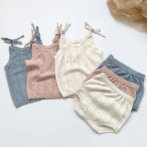 Baby Girl Hollow Out Summer Vestuário S Caixas de Casas de Knit Terno Outfit Set 210429