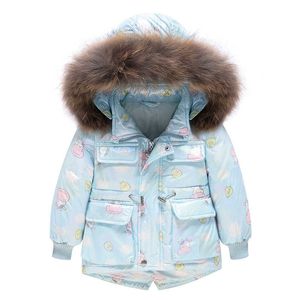 2021 Marke Kinder Winter Daunenjacke für Jungen Cartoon Mantel Kinder Mädchen Kleidung wasserdicht verdicken Schnee tragen Parka Echtpelz H0909