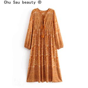 Chu Sau Beauty Boho Floral resport Maxiドレス女性ホリデイファッションOネックボウタッセルロングドレスレストス女性vestido de Moda 210508