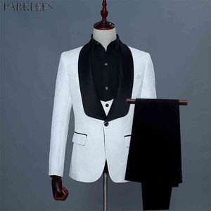 Mens Big Shawl Lapel Floral Jacquard 3 Pcs Suits (Jacket+Vest+Pants) Brand White Wedding Groom Prom Tuxedo Suit Men 2XL 210522