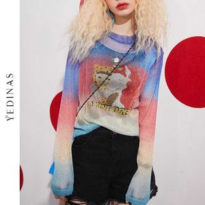Yedinas Rainbow Mesh Tops Women See Through Translucent Lace T Shirts Long Sleeve Vintage European Aesthetic Tee Shirt 210527