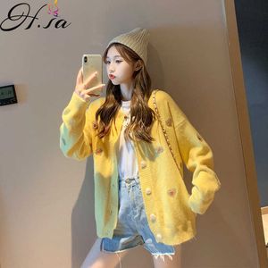 HSA Söt söt tröja Kvinnors kappa Loose Korean Style Höst Breasted Top Idle Style Broderad Stickad Cardigan 210716