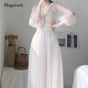 Donne Chiffon Bianco Plus Size Dress Dress Elegante pulsante A-Line Vestidos Solid Sold Sleeve Sleeve Empire V-Neck Lace Voile Maglia 8126 210518