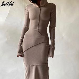 Uzun Kollu Kapşonlu Patchwork Skinny Maxi Elbise Sonbahar Kış Kadın Moda Streetwear Günlük Kıyafetler 210514