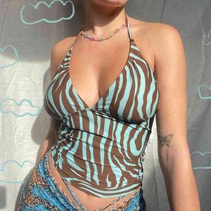 Paisley gedruckt Y2k Halter Camis Crop Tops für Mädchen mit dünnem Riemen Sexy Frauen Sommer rückenfrei Zebra gestreiftes Hemd T-Shirt Tank 210415