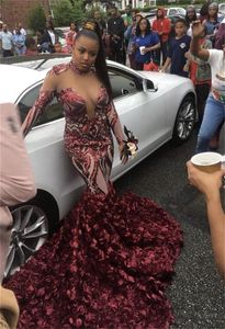 Borgogna Mermaid Prom Dresses Manica lunga Sexy collo alto Abito da sera floreale rosa 3D Sweep Train Custom Made Occasion Robe de mari￩e