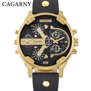 Luxury Cagarny Quartz Watch Men Black Leather Strap Golden Case Dual Times Military dz Relogio Masculino Casual Mens Watches Man X0625