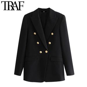 TRAF Women Fashion Double Breasted Black Blazer Coat Vintage Long Sleeve Pockets Female Outerwear Chic Veste Femme 211122