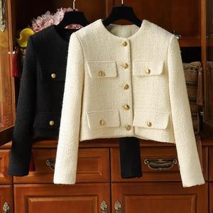 Kadın Ceketler 2021 Sonbahar Kış Küçük Koku Tüvit Ceket Kaban Kadın Tek Göğüslü Yün Kısa Palto Vintage Giyim Kırpma Üst