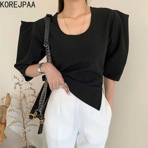 Korejpaa Mulheres T-shirt Verão Verão Elegante Temperamento Redondo Pescoço Voltar Zíper Cintura Casual Bubble Sleeve Split Top 210526