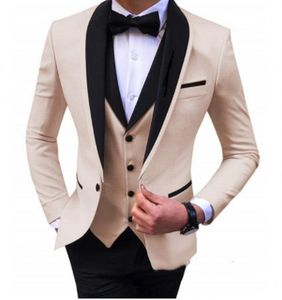 Moda One Button Champagne Groom Tuxedos Shawl Lapel Wedding / Prom / Dinner Groomsmen Mężczyźni Garnitury Blazer (kurtka + spodnie + kamizelka + krawat) W1432
