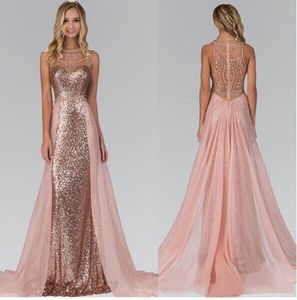 Wholesale evening gowns for wedding guests resale online - Chic Rose Gold Sequined Bridesmaid Dresses With Overskirt Train Illusion Back Formal Maid Of Honor Wedding Guest Party Evening Gowns