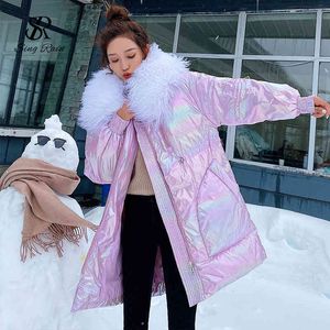 Moda błyszcząca kobieta w dół kurtka Koreański luźny ponadgabarytowany płaszcz zimowy gruby ciepły ultra jasnobiała kaczka znosić 210419
