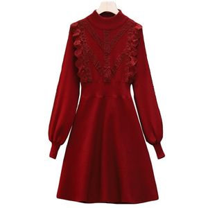 Black Khaki Red Stand Collar Lace Ruffle Long Sleeve Puff Knitted Fit And Flare Short Mini Dress Autumn D1554 210514