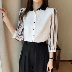 Koreanska damtröja chiffon blouses för kvinnor ärmlös kvinnlig topp vit polo nacke blus kvinna randig 210604