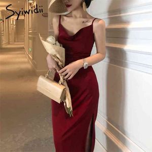 Syiwidii ​​vestido de cetim mulher sem mangas spaghetti strap casual vermelho preto primavera primavera verão vestidos franceses festa 210409