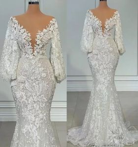 New Long Sleeve Mermaid Wedding Dresses Sheer Neck Full Lace Floral Beaded African Trumpet Fishtail Beach Aso Ebi Bridal Gowns