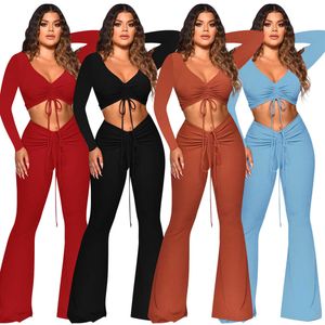 2021 Новые женские вечеринки Clubwear Outfits V-образным вырезом Сексуальные штабелированные брюки брюки двухсектурные набор Skinny Jogger Suit женский сопоставление Set X0709