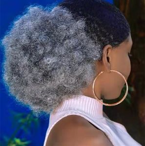 Salt & pepper natural highlight ponytail silver gray hairpiece extension clip in Drawstring afro puffs chignon buns 1b grey 100g 120g 140g
