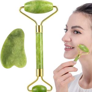 2in1 Set Green Natural Jade Roller GuaSha Gua Sha Scraper Tools Arts and Crafts Stone Face Massager Tool for Neck Back Jawline Skin Care Lifting