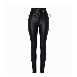 Moda Streç Siyah Dantel Up Deri Pantolon Kadınlar Yüksek Bel Hip Hop Pantolon Streetwear Artı Boyutu 210521