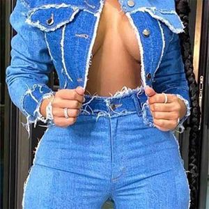 CM.YAYA Frauen Streetwear Langarm Button Up Denim Jacken Mode Sexy Patchwork Jeans Mantel Tops 210922