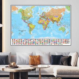 225/150 cm La mappa politica mondiale con bandiere nazionali Dipinti su tela Wall Art Poster Aula Decorazione domestica Materiale scolastico 210705