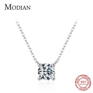 Modian Classic 925 Sterling Silver Round Simple Clear CZ Chain Necklaces Pendant For Women Wedding Engagement Statement Jewelry 210619