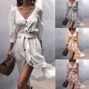 カジュアルドレス夏の女性のファッションスタイルドレスシフォンvネックストラップソリッドカラースリーブ衣類2021
