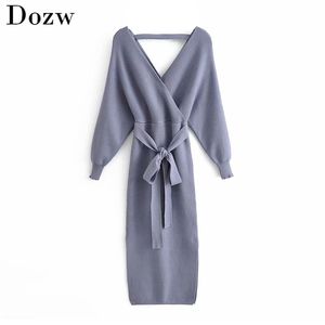 Casual Sexy Sweater Lång Klänning Kvinnor Elegant Batwing Sleeve Sashes Party Side Split Backless Solid Es Vestidos 210515