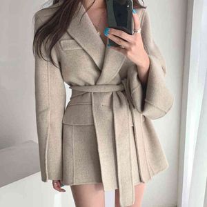 Comelsexy Höst Franska Lapel Rak bantning Lace-up Waist Cardigan Långärmad Woolen Coat för kvinnor 210515