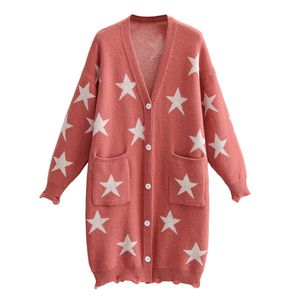 HSA Women Five Pointed Star Pocket Cardigan Sweaters Knitwear Sweater Cardigans Kvinna Long Jacket Ropa de Mujer 210417