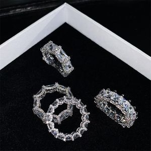 Ins Top Sälj Varumärke Desgin Wedding Rings Luxury Smycken Real 925 Sterling Silver Princess Cut White Topaz Party CZ Diamant Kvinnor Engagemangsband Ring för kärleksgåva