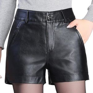 Kvinnors shorts 2021 Autumn Casual Pu Leather for Women High midje Fashion Mid vanliga korta byxor plus storlek L-4XL