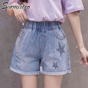 Verão Plus Size S-3XL Blue Denim Shorts Mulheres Coreano Estrelas High Elastic Waist Calças de jeans Calças curtas femininas 210421