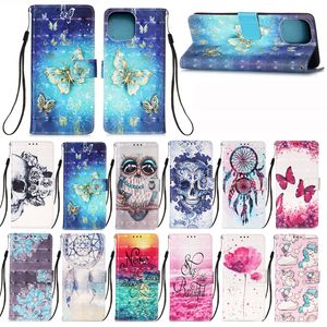 3D Owl Skull Dream Flower Unicorn Leather Wallet Fodral för iPhone 13 12 Mini 11 Pro XR XS Max X 8 Samsung S8 S9 S10 Plus S20 Fe S21 Ultra Not 10 20 A12 A22 A02 A42 A52 A72 A02