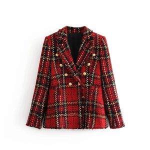 Inverno vintage vermelho tweed blazer mulheres casaco xadrez vintage escritório terno terno jaqueta sprint mulheres blazers e jaquetas 210330